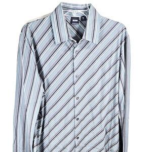 Hugo Boss Dress Shirt Long Sleeve Men's Large Mercerise Cotton Stripe Green Gray